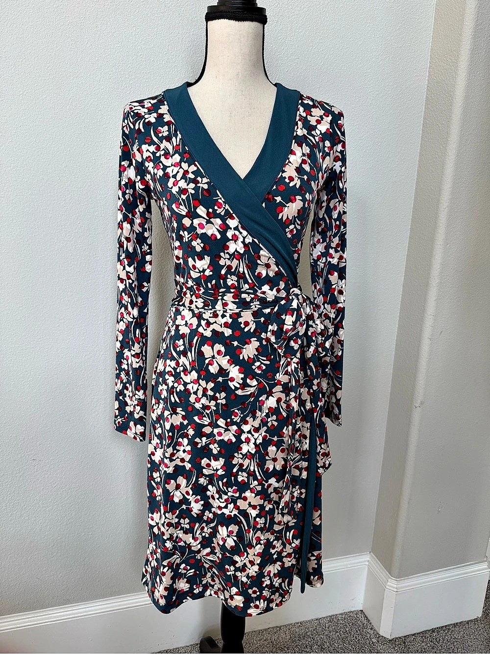 Banana Republic Floral Wrap Midi Dress Teal & Red Size Small